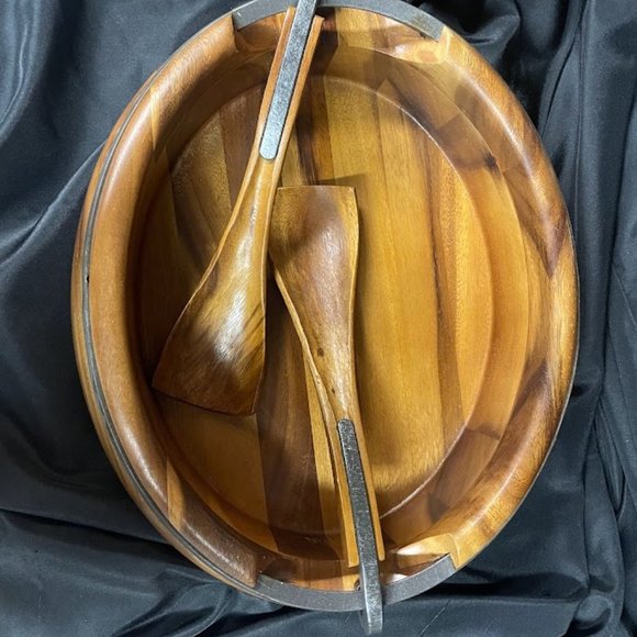 Nambe Other - Nambe Salad Set Acacia Wood and Iron Finished Metal Set with 14" Servers Brown